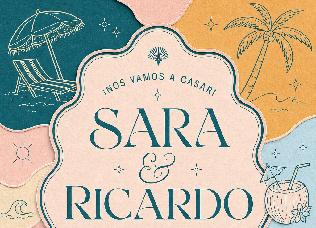 Invitación de Sara y Ricardo, entre palmeras, papel recortado y colores tropicales